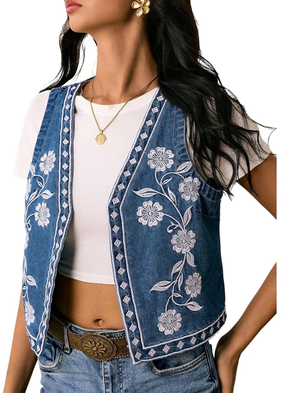 Embroidered Blue Denim Vest with White Floral Detail